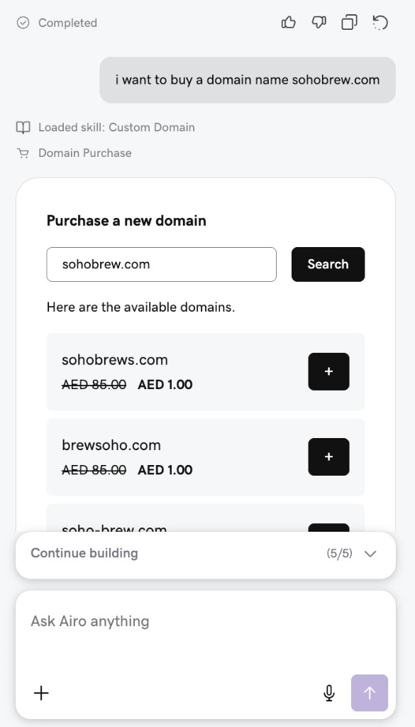 Buying a domain directly through the Airo AI Builder chat. Available domains are listed with pricing and a one-click add button.