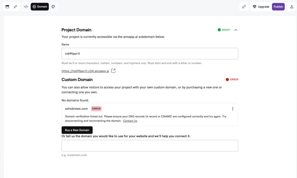 The Domain settings panel showing your temporary web address and custom domain section.