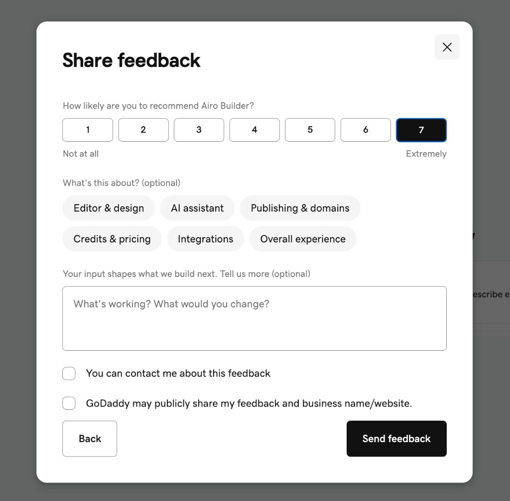 Share feedback with optional public sharing consent in Airo AI Builder