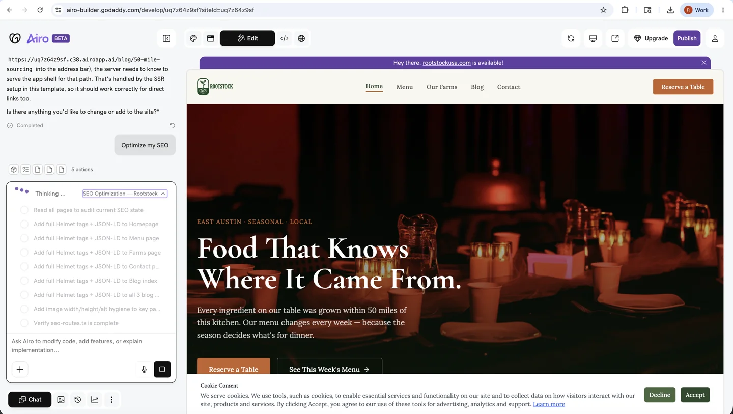 The SEO Skill loading and beginning to analyze the Rootstock restaurant site