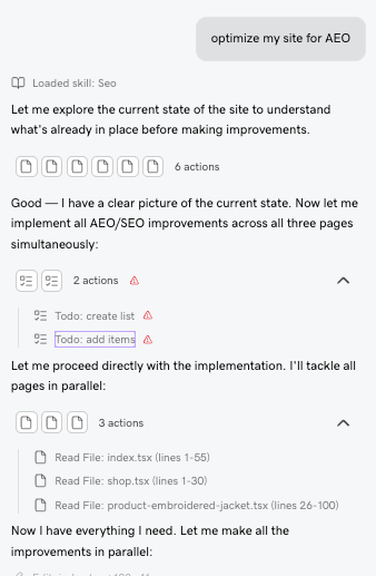 The SEO Skill analyzing the site and implementing AEO and SEO improvements across all pages