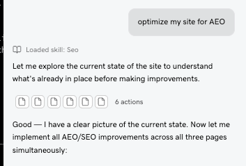 User prompt to optimize for AEO and the SEO Skill loading automatically