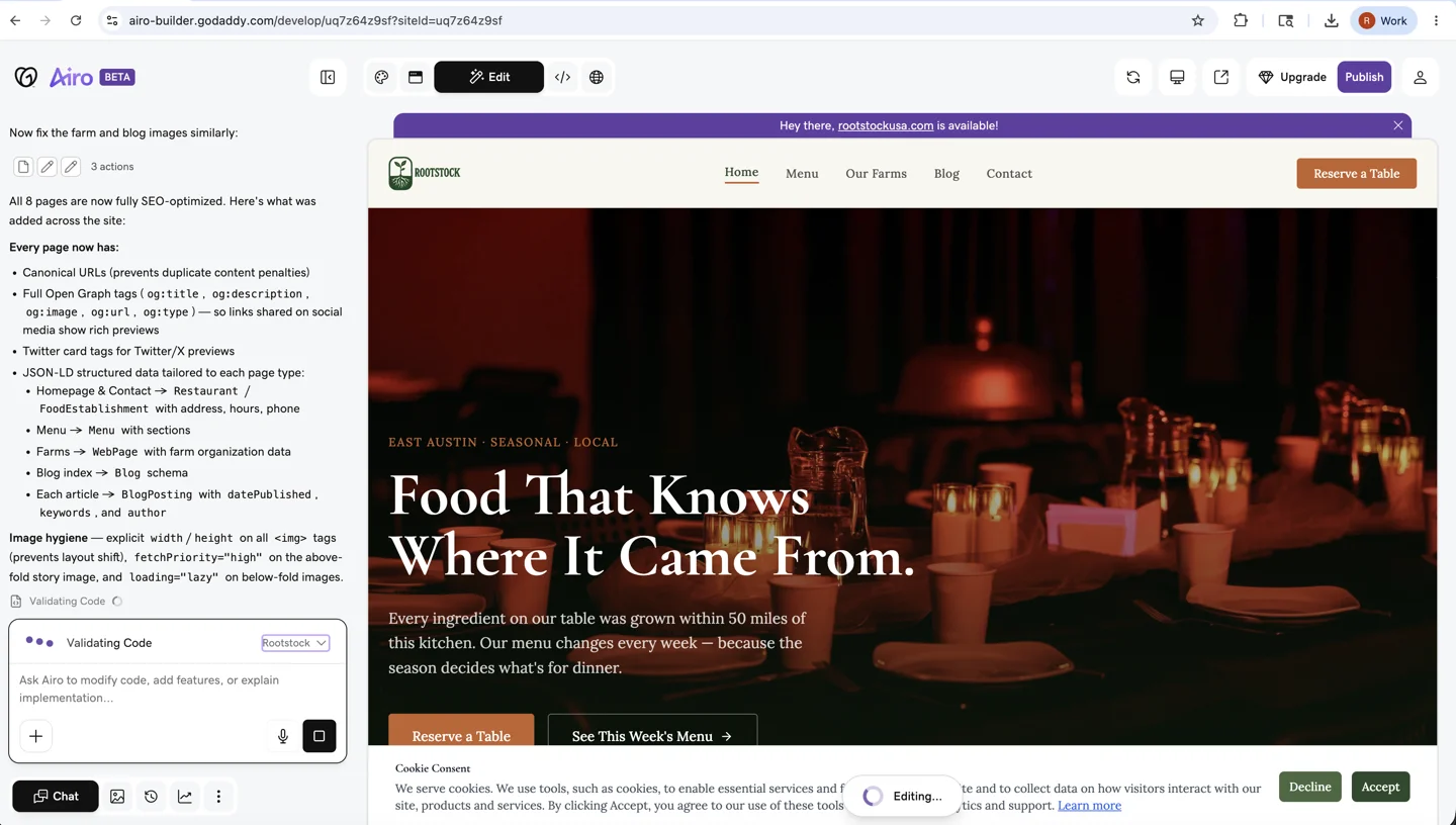 Detailed summary showing BlogPosting JSON-LD with article-specific metadata, schema types per page, and image hygiene attributes applied across the Rootstock site
