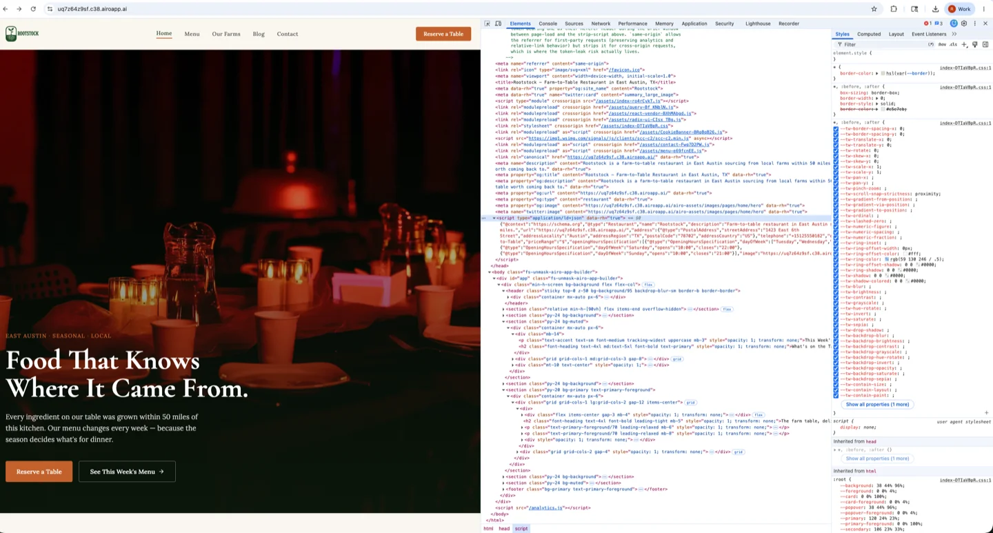 The published Rootstock homepage with DevTools open showing the full optimized head: title, meta description, canonical URL, Open Graph tags, Twitter cards, and JSON-LD structured data