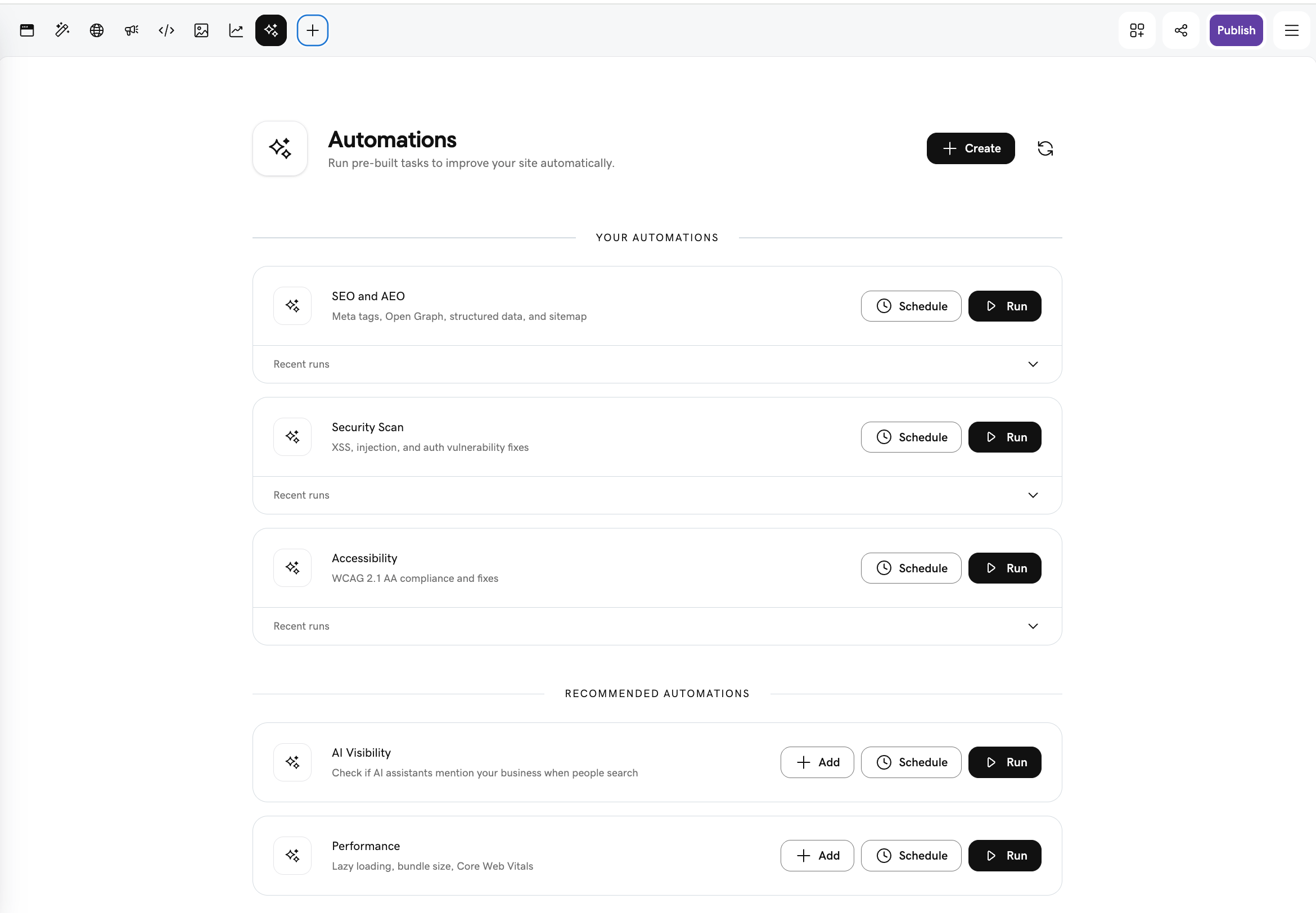Automations dashboard showing SEO, security, accessibility, AI visibility, and performance tasks