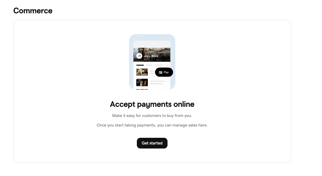 Commerce tab showing the online store setup with payments and product management