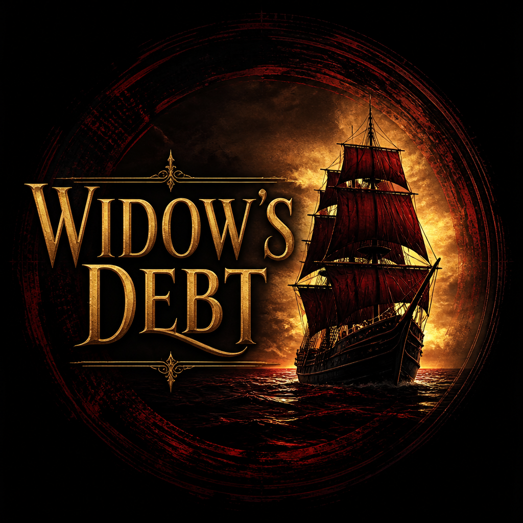 شعار Widow's Debt مع سفينته ذات الأشرعة الحمراء